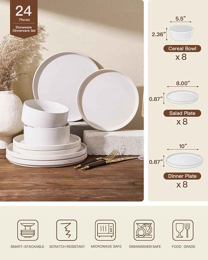 Stoneware Plates and Bowls Dishes Sets for 6 (18-Piece), Famiware Premium Handcrafted Reactive Glaze Dinnerware Set with Raised Rim, Scratch Resistant, Microwave Dishwasher Safe, Matte Reactive White