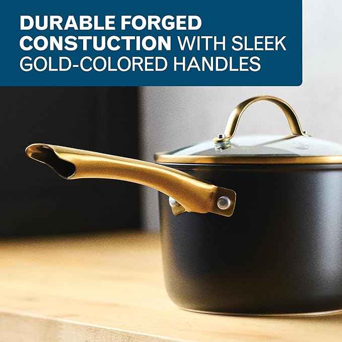 Farberware Forged Induction Ceramic Nonstick Pots and Pans Set with Lids and Kitchen Cooking Tools - Dishwasher Safe, Suitable for All Stovetops, 12 Piece Cookware Set - Black and Gold