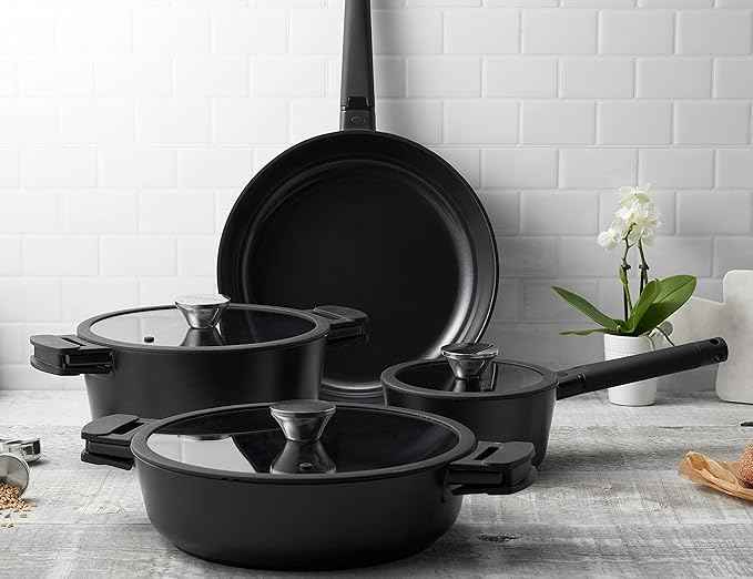 Zavor Noir 7 Piece Cookware Set - Premium Cast Aluminum with Titanium-based Nonstick Ceramic Coating & Detachable Handles - Ultra Lightweight - Induction Ready, Oven Safe & Dishwasher Safe (ZCWNR22)