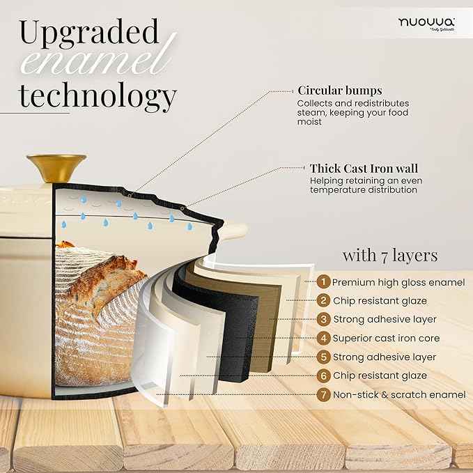 Nuovva Enamelled Cast Iron Dutch Oven Pot with Lid – 6.4 Quart Non Stick Casserole Pot – Heavy Duty & Oven Safe up to 500° F for Bread Baking, Braising, Stews, Roasting – 28cm Cream