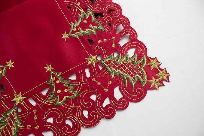 Fennco Styles Holiday Embroidered Christmas Tree Cutwork Border Table Linens – Ivory and Red Table Linens for Christmas Dinner, Family Gathering, and Special Events (Red, 16"x108" Table Runner)