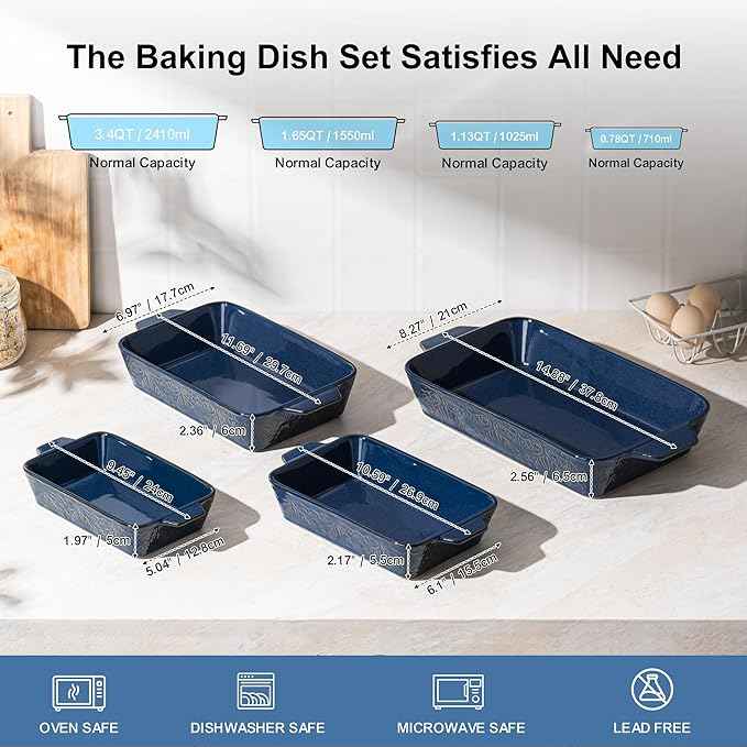 Casserole Dishes for Oven, Baking Dishes, Ceramic Bakeware Sets of 4, Rectangular Baking Pan Set with Handles for Baking, Casserole, Kitchen, Wedding Gift (Blue)