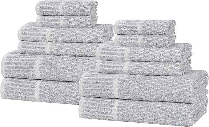 Superior Juno Viscose Cotton Blend Medium Weight Towels, for Bathroom, Shower, Spa, Plush, Quick Dry, Ultra-Soft Towels, Bath Essentials, Border Detail, 12 Piece Assorted Towel Set, Denim Blue