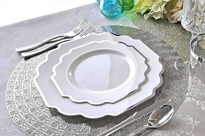 " OCCASIONS " 960 Piece set (120 Guests)-Heavyweight Wedding Party Disposable Plastic Plate Set - 120 x 10.5'' + 120 x 8'' + Silverware+12oz Cups+Napkins (Imperial in White & Silver Rim)