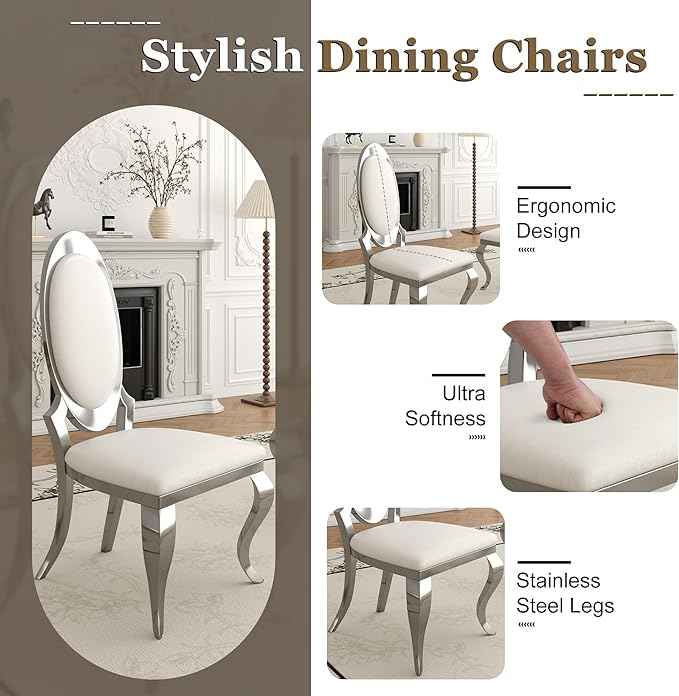 Modern Dining Chairs Set of 2, Luxury Faux Leather Upholstered Armless Dining Room Chair with Mirrored Stainless Steel Silver Legs, Mid Century Accent for Wedding Party Banquet Reception, White