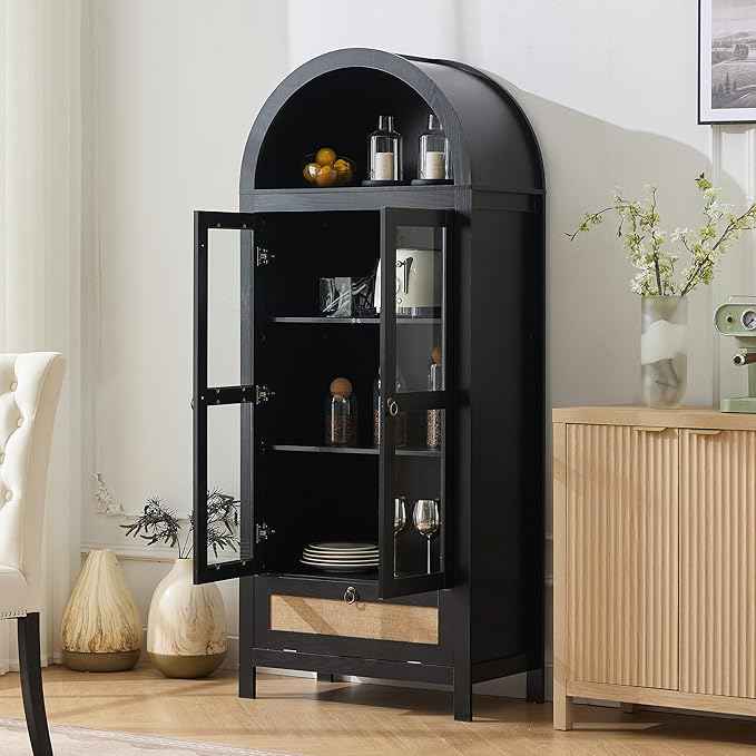 TYBOATLE 71" Tall Arched Pantry Cabinet with Innovative Drawer, Kitchen Cabinet with Anti-Tipping Device and Glass Door, Versatile Cupboard for Kitchen, Dining, Black