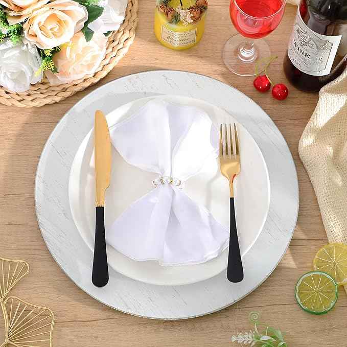 Tanlade 12 Pcs Charger Plates Bulk 13 Inch Plastic Vintage Wedding Chargers Floral Decorative Plates with Metallic Ruffled Rim for Wedding Party, Holiday Event Supplies(White)