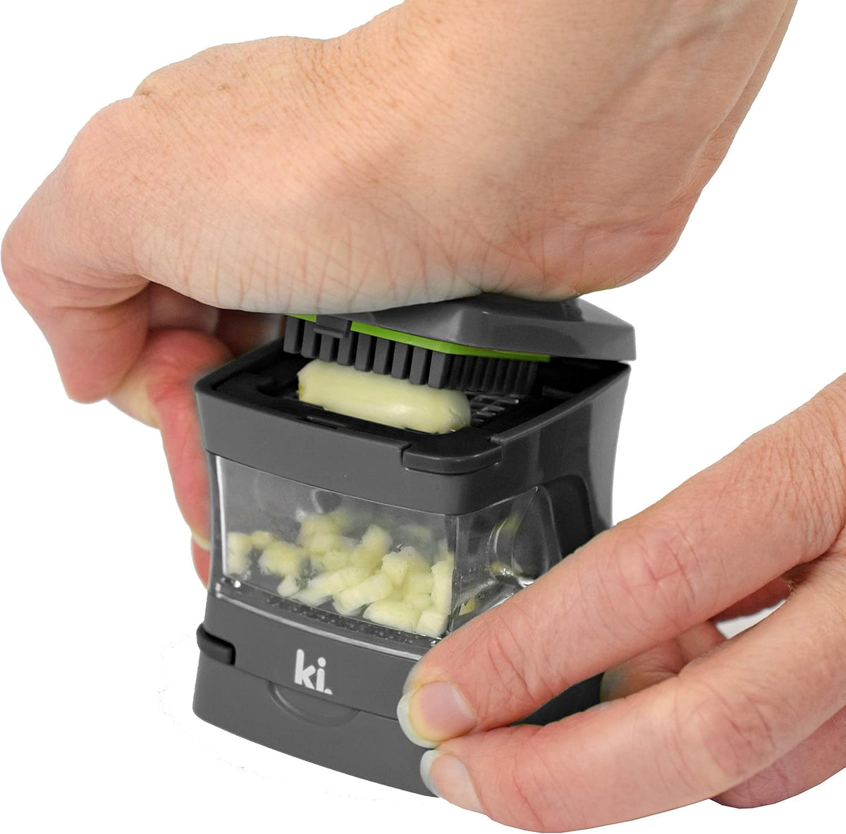 Garlic-A-Peel Garlic Press, Crusher, Cutter, Mincer, and Storage Container - Includes Silicone Garlic Peeler - Easy to Clean - Stainless Steel Blades – (Grey), standard - HomeSpice