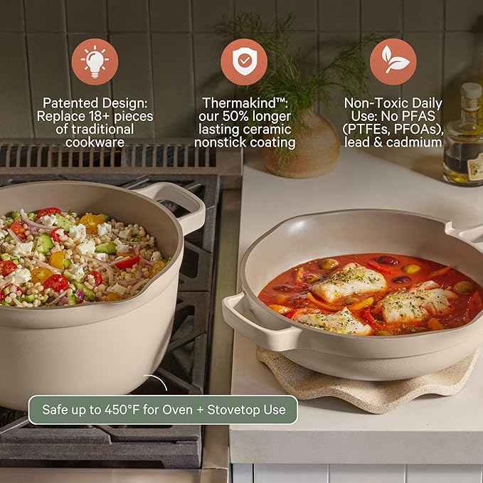 Our Place Cookware Duo | 7-Piece Ceramic Cookware Set with 10.5" Always Pan 2.0, 5.5 Qt Perfect Pot & Strainer Basket | Induction & Oven Safe up to 450°F | Nonstick, Non-Toxic Cookware | Sage