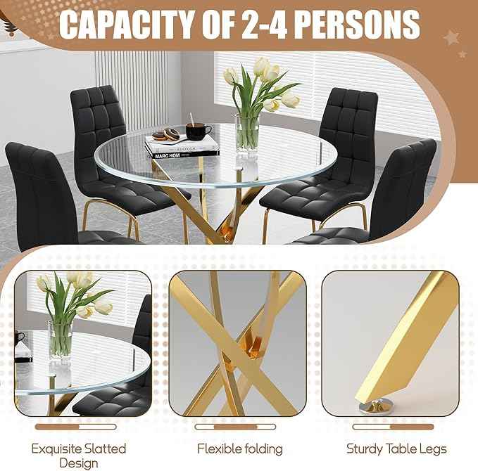 5 Piece Round Glass Dining Table Set, Round Tempered Glass Kitchen Table Set for 4, Modern Table Set with 4 High-Back Upholstered Chairs for Kitchen Dining Room (Gold Legs, 4 Black Chairs)