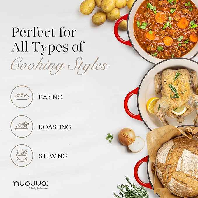 Nuovva Enamelled Cast Iron Dutch Oven Pot with Lid – 6.4 Quart Non Stick Casserole Pot – Heavy Duty & Oven Safe up to 500° F for Bread Baking, Braising, Stews, Roasting – 28cm Red