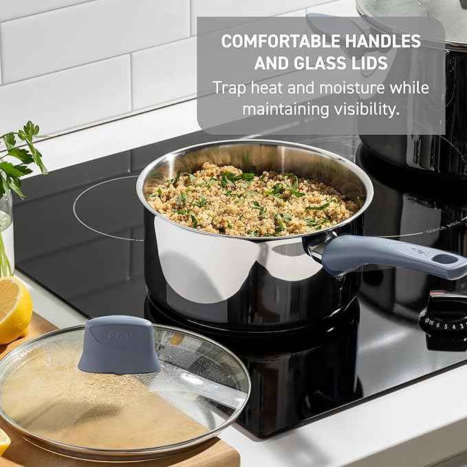 T-fal Essentials Stainless Steel Cookware Set 12 Piece, Induction Compatible, Oven Safe 350F, Cooking Set w/Stewpots, Stockpot, Saucepan, Lids & Tools, Measuring Marks, Dishwasher Safe, Silver/Blue