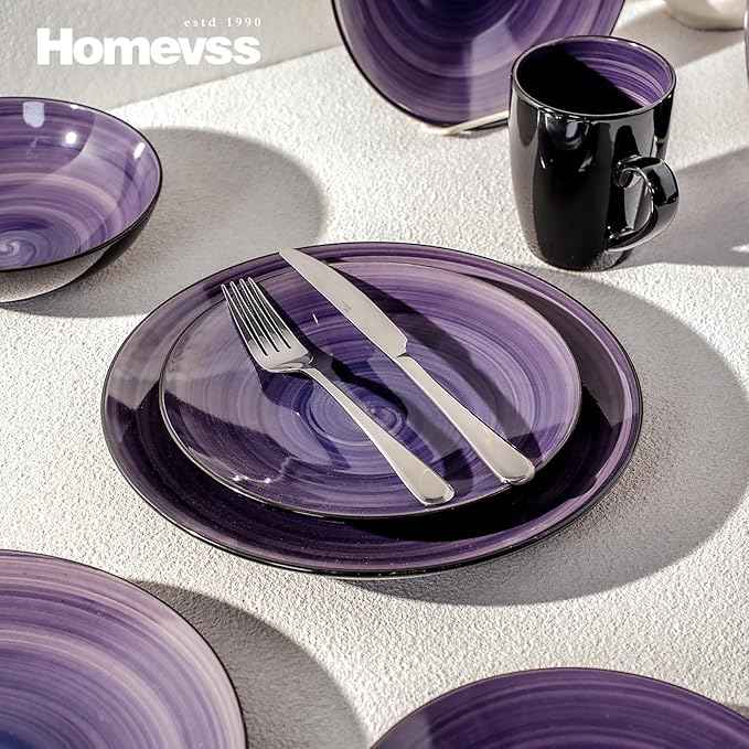 Stoneware Sonoma 56pc Dinnerware Set, Black + Speckled Spin Wash Purple