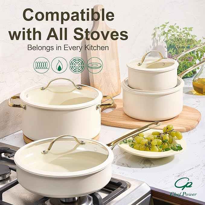 Chef Power Ceramic Cookware Sets, 10Pcs Pots and Pans Set Non Stick, Cookware Set with Stainless Steel Handle, Dishwasher & Oven Safe, Cream White and Light Gold Handle