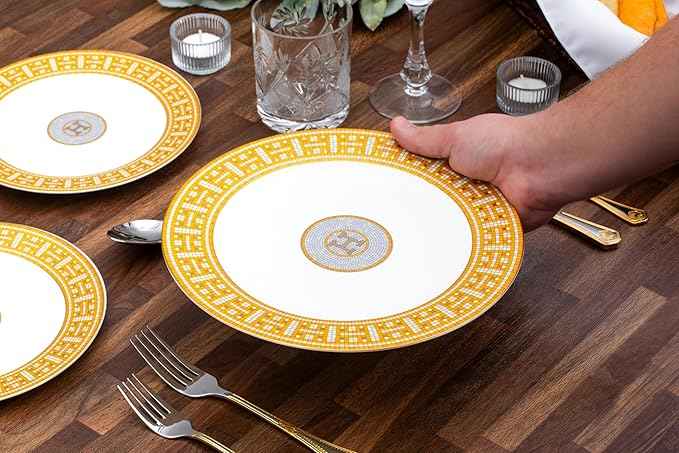 White and Gold Dinnerware Set - 58 Piece 'Mosaic' Dinner Set Luxury Bone China 24K Gold Inlays for Everyday use or Formal Occasions