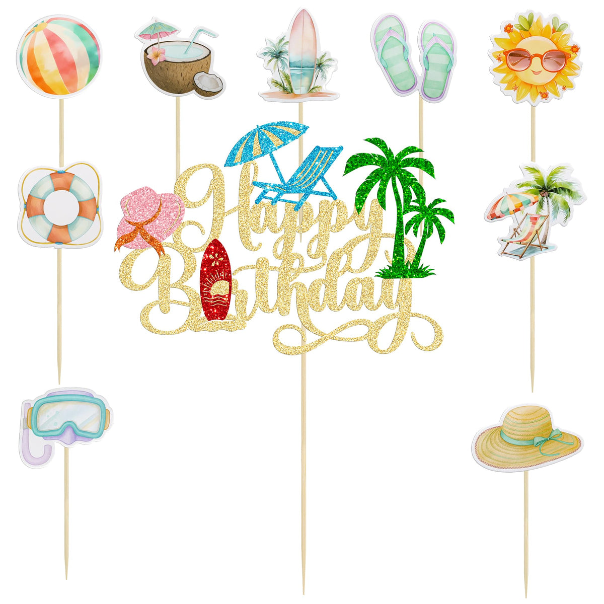 37Pcs Summer Beach Pool Cupcake Toppers Glitter Beach Happy Birthday Cake Topper Ball Sun Umbrella Water Gun Cupcake Picks for Tropical Hawaii Theme Birthday Party Decorations Supplies Gold (Gold 3)