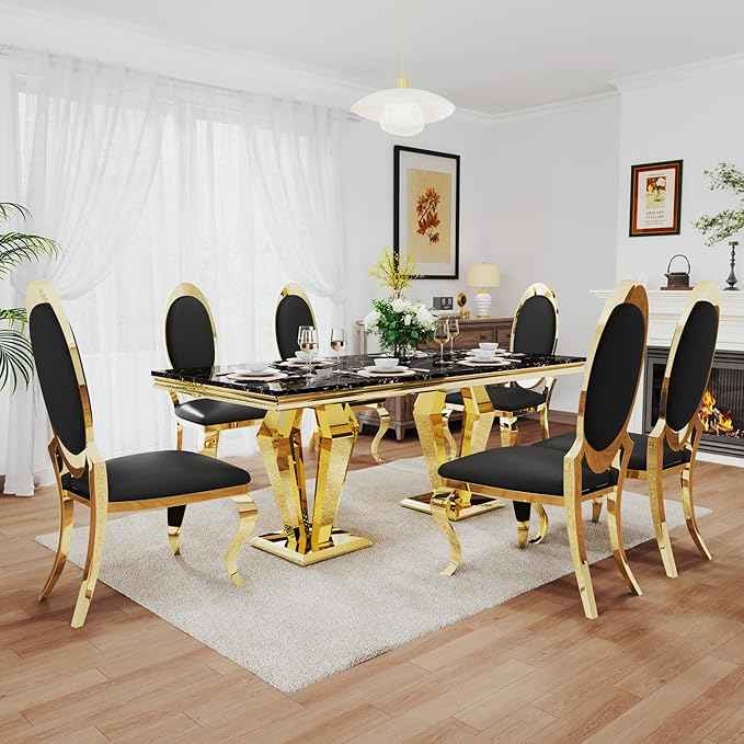 AF ARTISAN FURNITURE 7 Piece Luxury Dining Room Set, Modern Dining Table and Upholstered Chairs Set, Marble Kitchen Table Set for 6, Big Kitchen Dinner Tables Kit with Gold Base