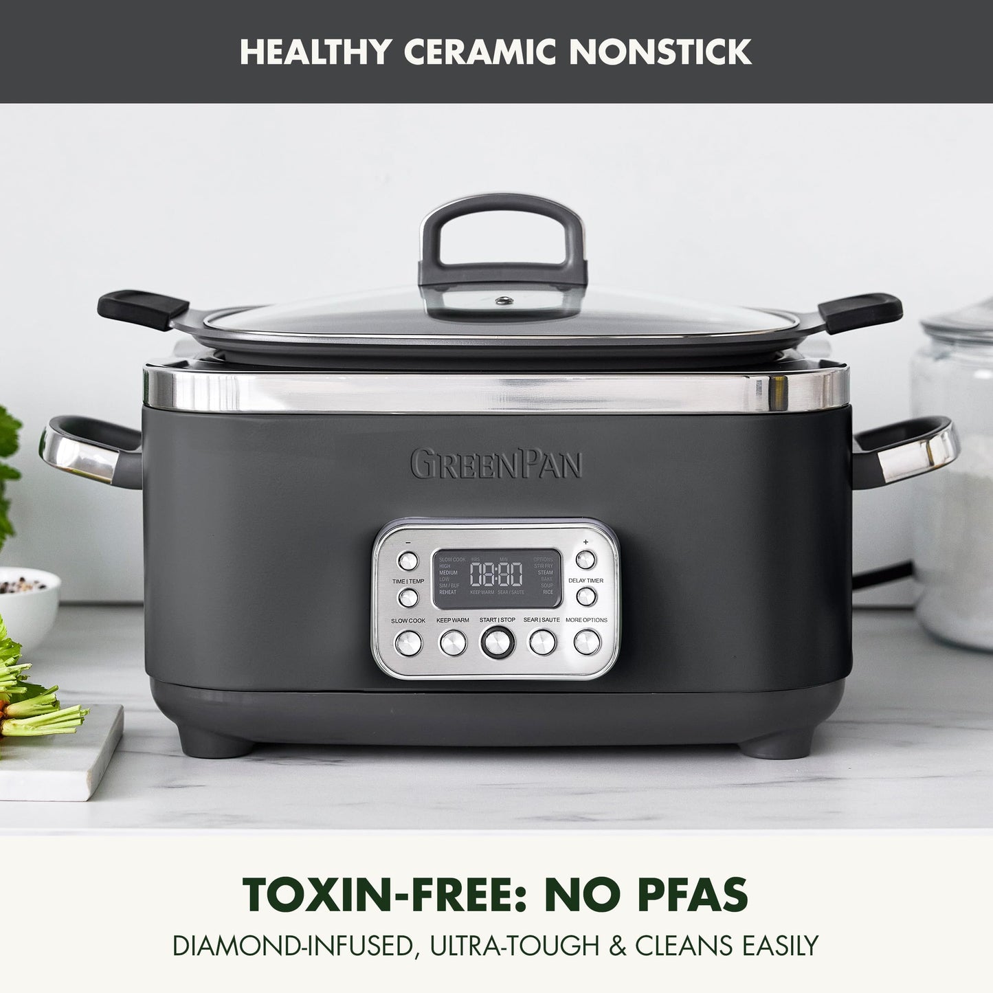 Elite 14-in-1 Nonstick 6QT Electric Slow Cooker, PFAS-Free Ceramic Multi-Cooker, In-Pot Browning, Dishwasher Safe Lid & Removable Crock, Stainless Steel Steamer, Silicone Handles, Graphite (6 Quarts / Graphite)