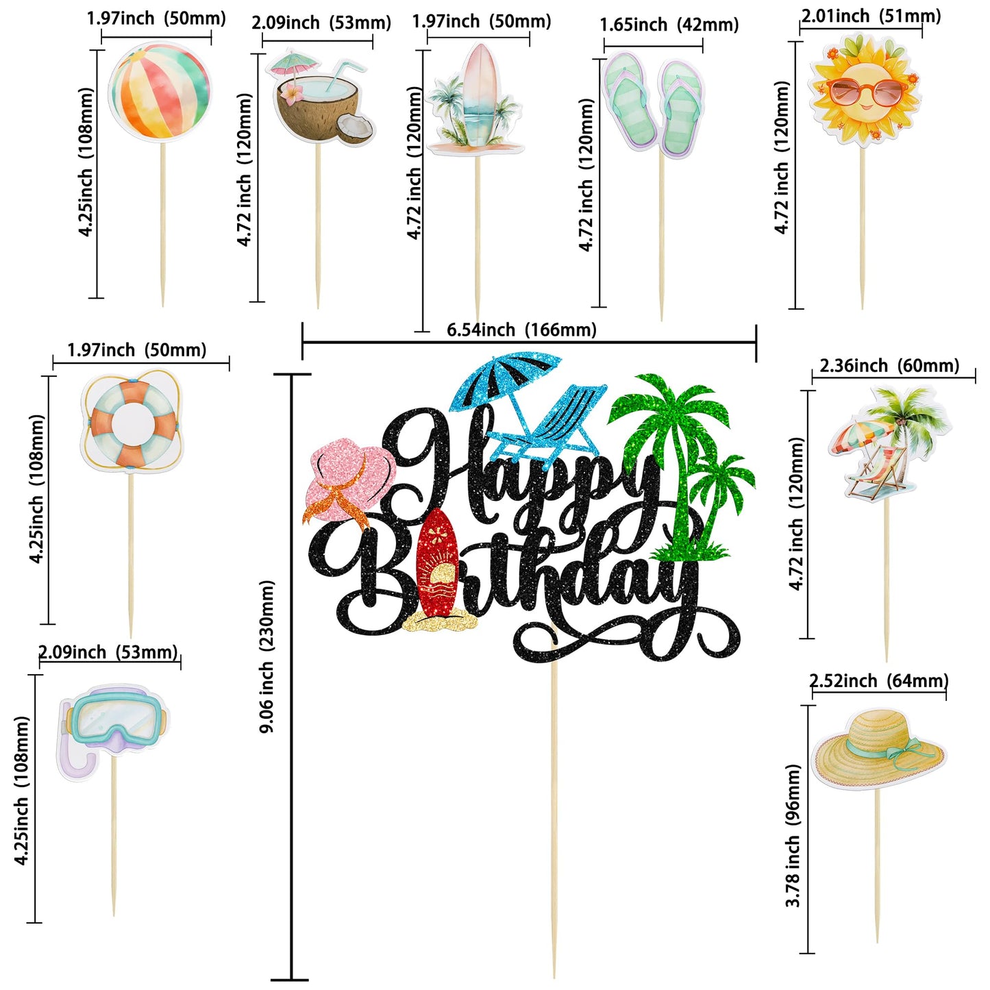 37Pcs Summer Beach Pool Cupcake Toppers Glitter Beach Happy Birthday Cake Topper Ball Sun Umbrella Water Gun Cupcake Picks for Tropical Hawaii Theme Birthday Party Decorations Supplies Black (Black 3)