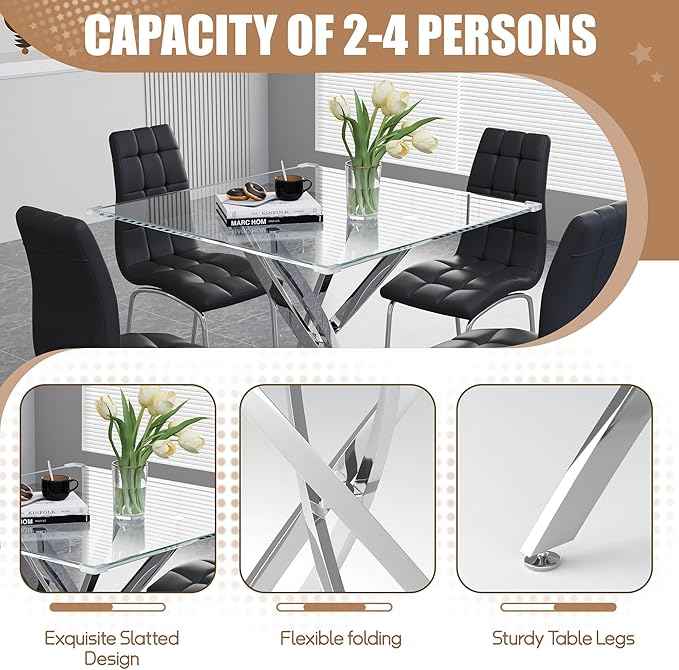 5 Piece Square Glass Dining Table Set, Round Tempered Glass Kitchen Table for 4, Modern Table with 4 High-Back Upholstered Chairs for Kitchen Dining Room (Silver Legs, 4 Black Chairs)