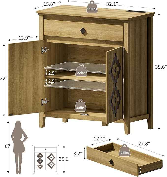 32'' Buffet Cabinet with Storage, Sideboard Cabinet with Drawer and Adjustable Shelf, Modern Accent Storage for Kitchen, Living Room, Entryway, Natural