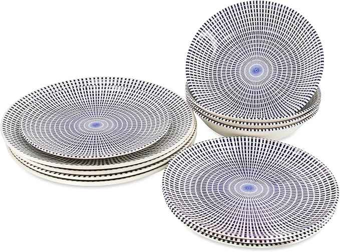 TUDOR ROYAL Porcelain 16-Piece Round Dinnerware Set, Service for 4, Singapore Blue Design, Blue Radial, Plates Bowls Mugs Dishes, Premium Quality Ceramic Tableware, Unique Pattern, Glossy