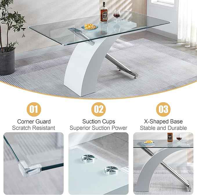 7 Piece Glass Dining Table Set for 6, 63" Modern Kitchen Table with 6 Blue Velvet Chairs, Tempered Glass Tabletop with White X-Shaped MDF Base, Modern Dining Room Set for Kitchen and Dining Room