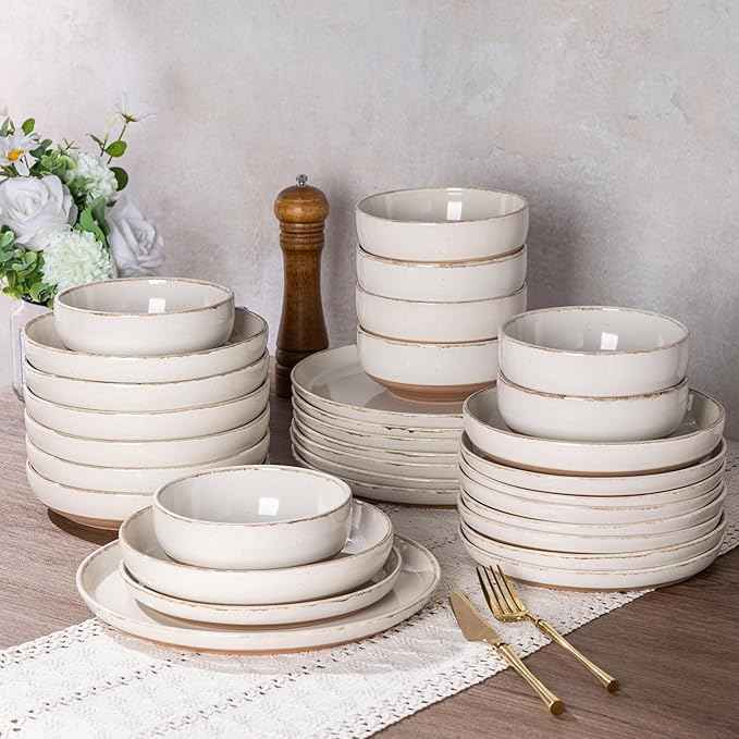 AmorArc Ceramic Dinnerware Sets with Pasta Bowls for 8, Handpainted Plates and Bowls Set with Rustic Terracotta Underside, Scratch Resistant Dishes Set, Dishwasher & Microwave Safe, 32 Pcs