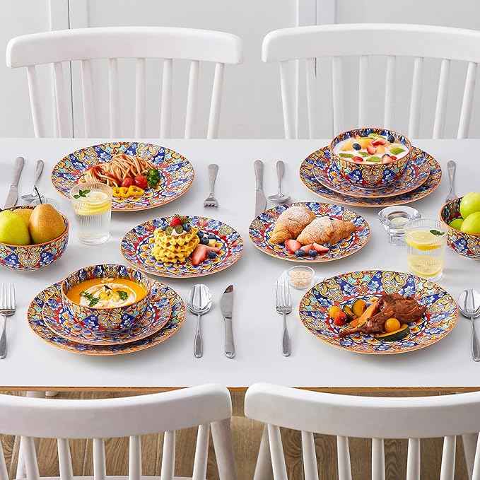vancasso 12 Pieces Dinnerware Sets, Orange Plates and Bowls Set, Porcelain Dishes Set for 4, Microwave and Dishwasher Safe, Scratch Resistant, Bohemian Style Dining Ware Service for 4, Series SIMI