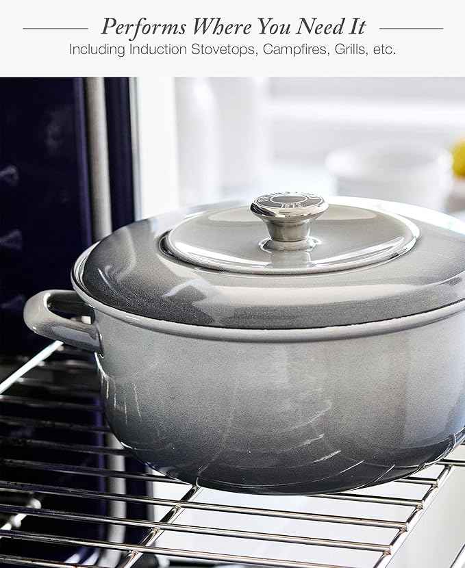 Merten & Storck 7QT Round Dutch Oven Casserole Pot with Lid, European Crafted Enameled Iron Stockpot, Induction & All Cooktops, Braising, Stews, Roasting, Slow Cooking, Sourdough, Cloud Gray