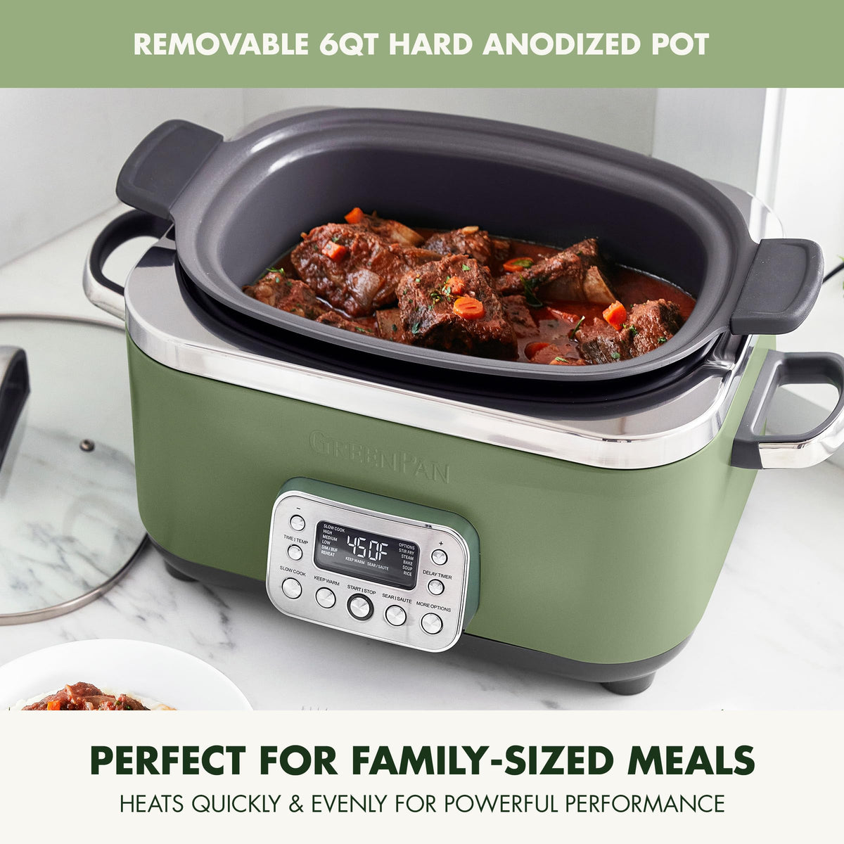 Elite 14-in-1 Nonstick 6QT Electric Slow Cooker, PFAS-Free Ceramic Multi-Cooker, In-Pot Browning, Dishwasher Safe Lid & Removable Crock, Stainless Steel Steamer, Silicone Handles, Sage Green (6 Quarts / Sage Green)