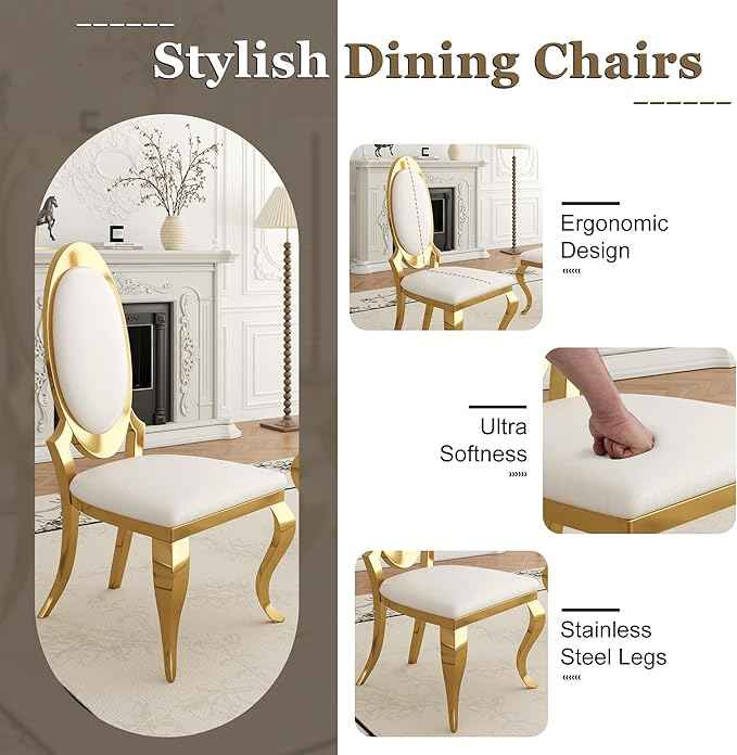 Modern Dining Chairs Set of 6, Luxury Faux Leather Upholstered Armless Dining Room Chair with Mirrored Stainless Steel Gold Legs, Mid Century Accent for Wedding Party Banquet Reception, White