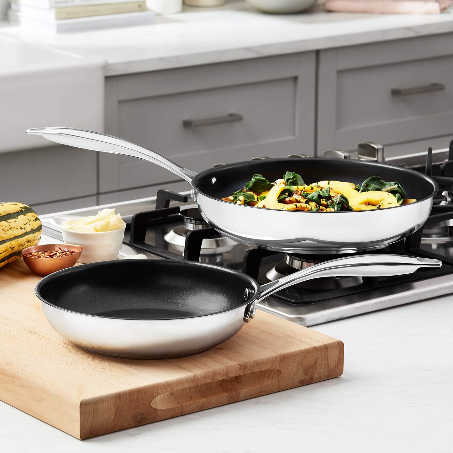 2-Piece Non-Stick Stainless Steel Fry Pan Set, Oven Safe, Induction Compatible, Stay-Cool Handles, 10-Inch and 8-Inch