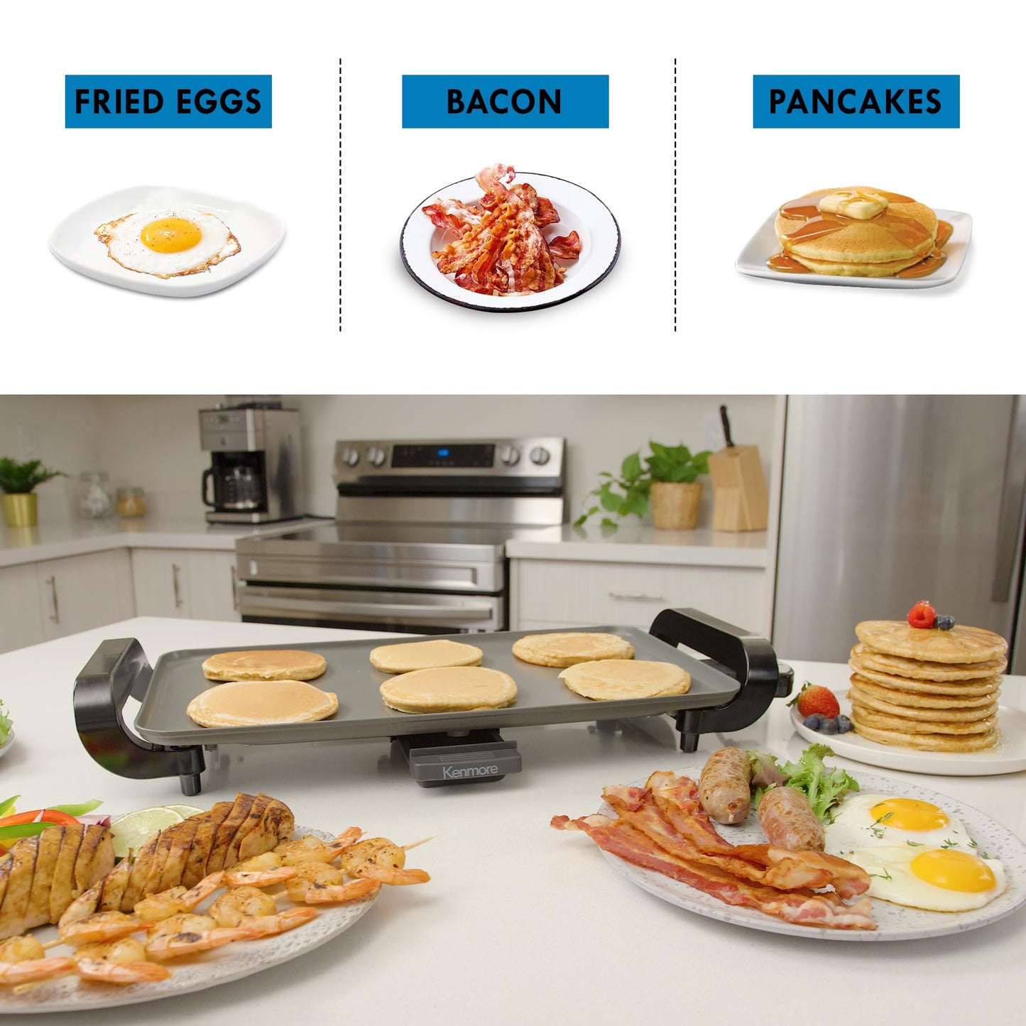 Kenmore Electric Griddle NonStick 1500W Adjustable Temperature 10"x18" Easy to Clean Large Cooking Surface Ideal for Pancakes Grilled Cheese Breakfast and Family Meals