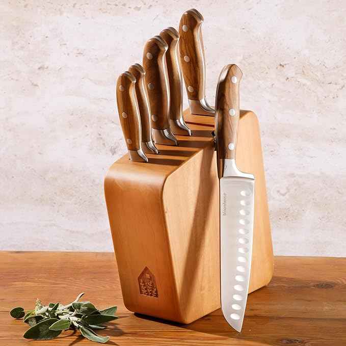 Bloomhouse - Two Time Oprah's Favorite Things Winner - 7 Piece Italian Olive Wood Kitchen Knife Block Set w/German Forged Stainless Steel Knives