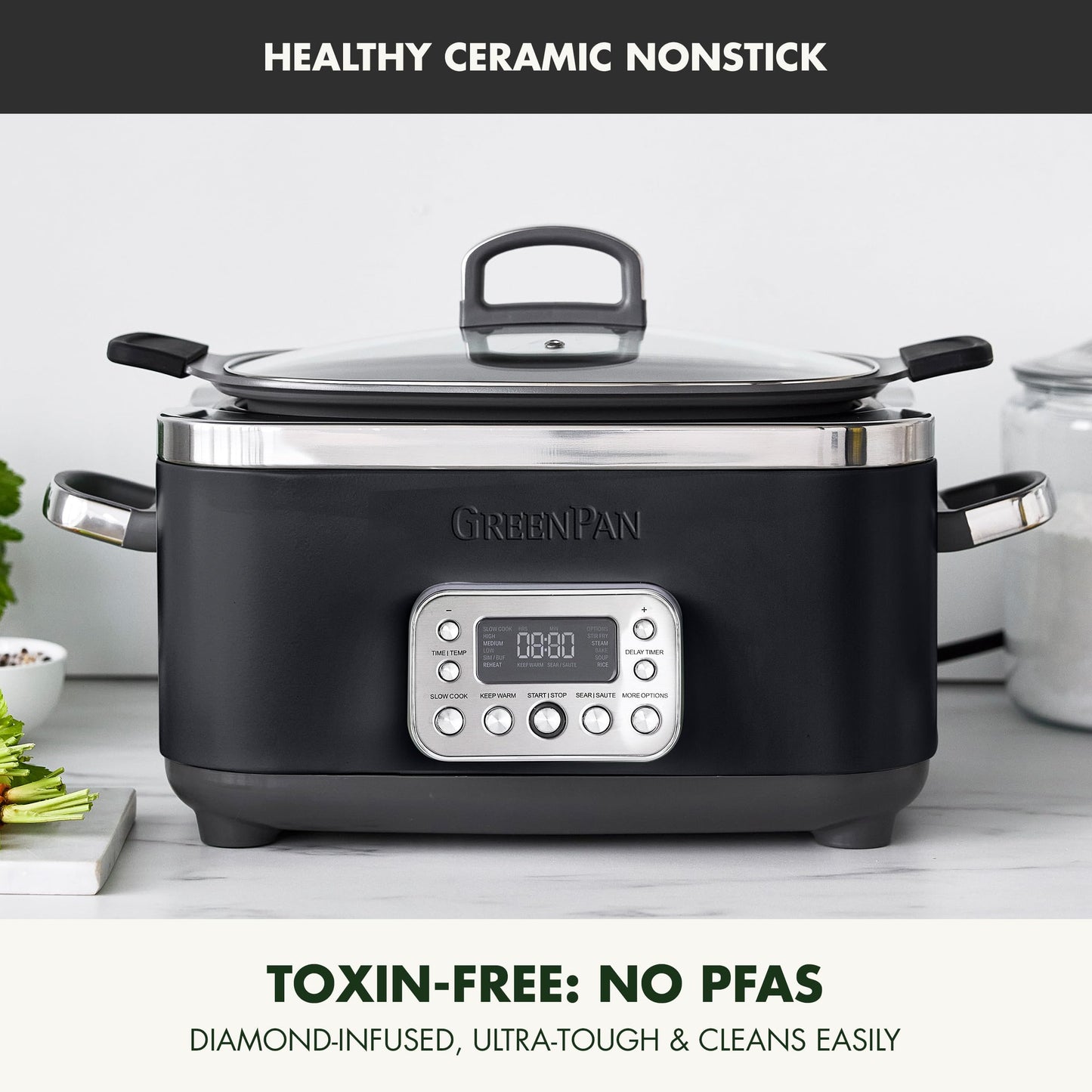 Elite 14-in-1 Nonstick 6QT Electric Slow Cooker, PFAS-Free Ceramic Multi-Cooker, In-Pot Browning, Dishwasher Safe Lid & Removable Crock, Stainless Steel Steamer, Silicone Handles, Black (6 Quarts / Black)