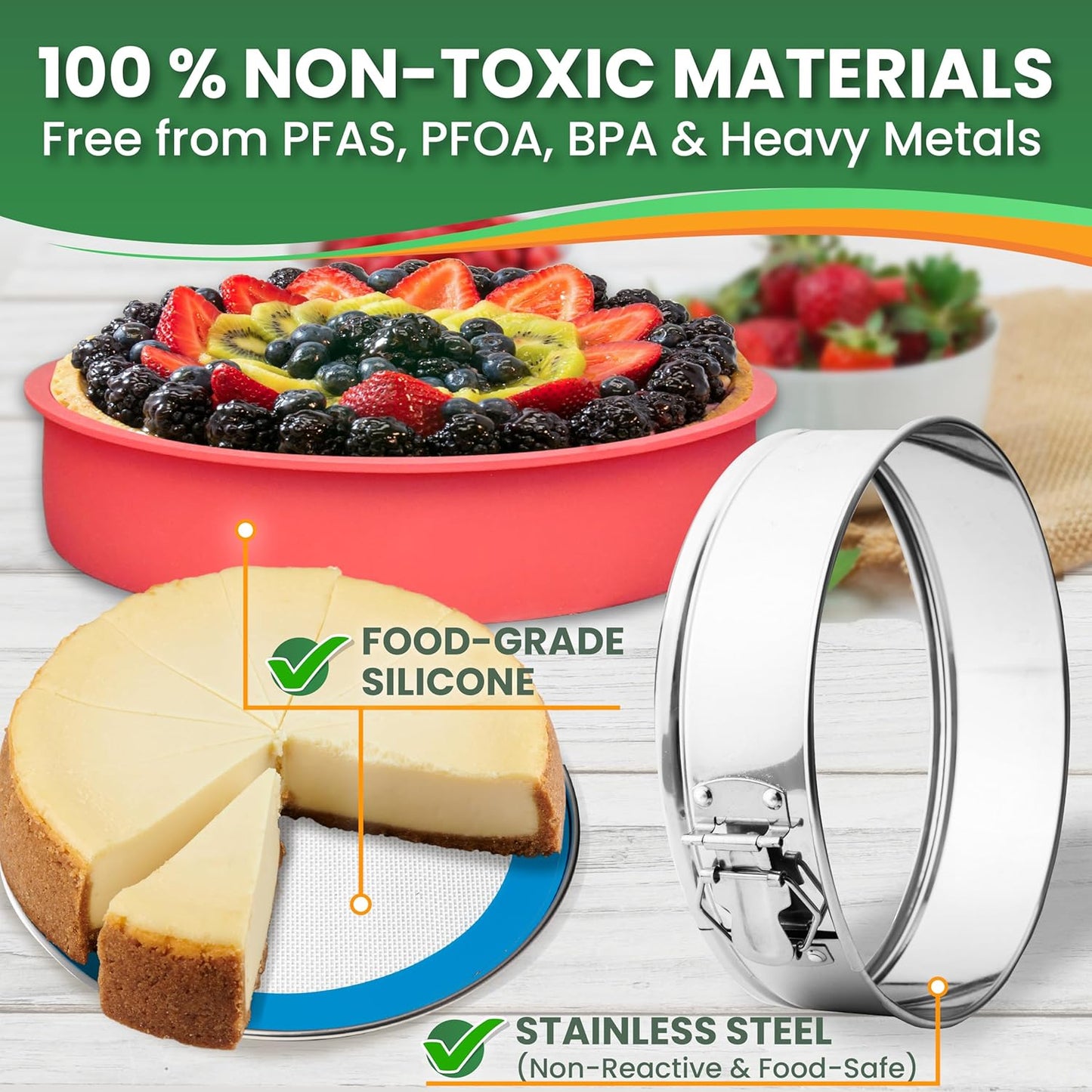 Cheese Cake Pans for Baking - NON TOXIC 9 Inch Spring Form Pan for Cheesecake with LEAKPROOF SILICONE PROTECTOR - STAINLESS STEEL 9 Inch Springform Pan for Cheesecake WATER BATH - HomeSpice