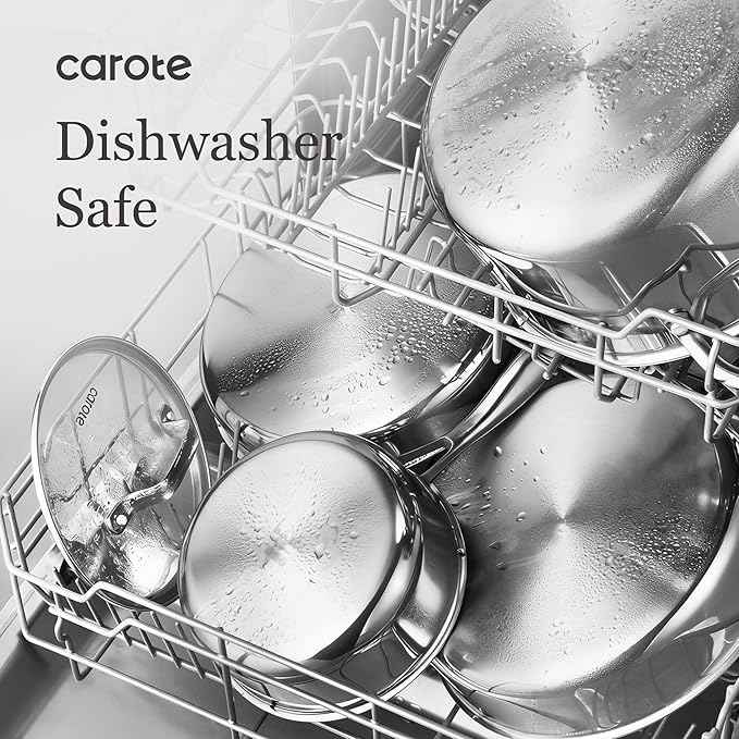CAROTE 21pcs Tri-Ply Stainless Steel Cookware Set, Pots and Pans Set, Non Toxic Induction Kitchen Cooking Sets, Cookware Collection, Mirror Polish, Silver