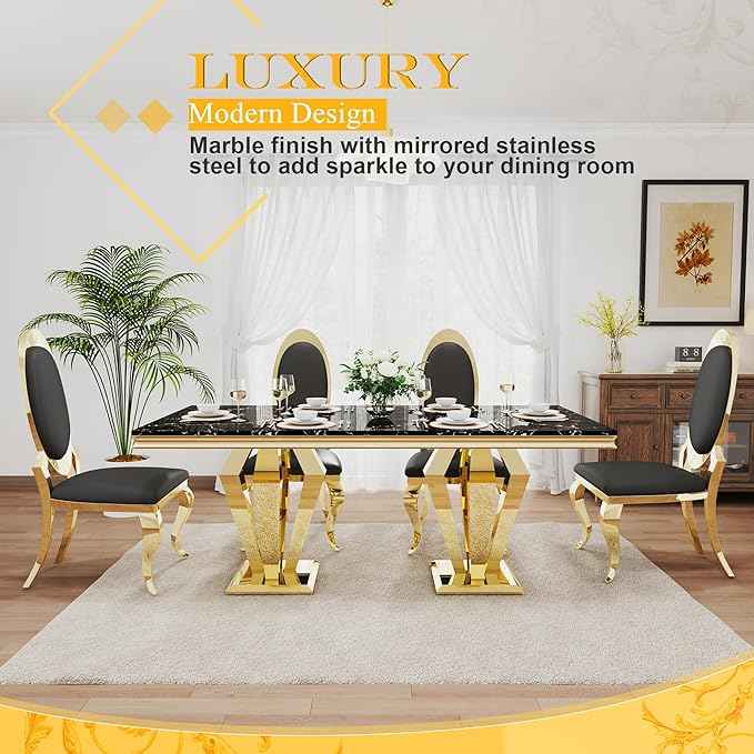 AF ARTISAN FURNITURE 7 Piece Luxury Dining Room Set, Modern Dining Table and Upholstered Chairs Set, Marble Kitchen Table Set for 6, Big Kitchen Dinner Tables Kit with Gold Base