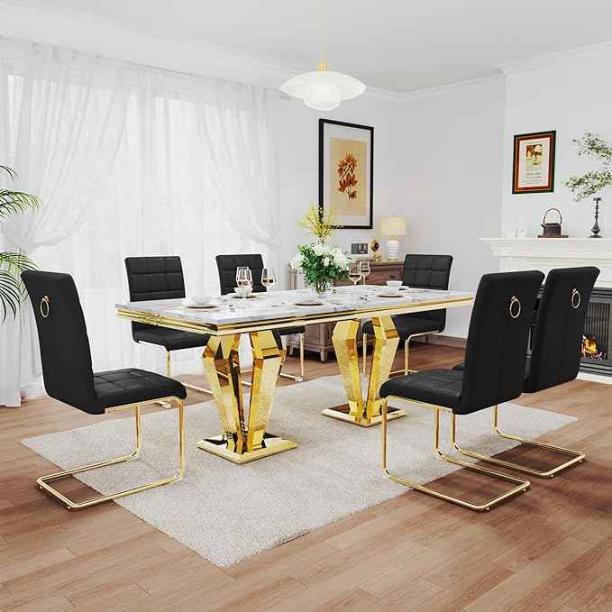 7 Piece Luxury Dining Room Set, Modern Dining Table and Upholstered Chairs Set, Marble Kitchen Table Set for 6, Big Kitchen Dinner Tables Kit with Silver Base
