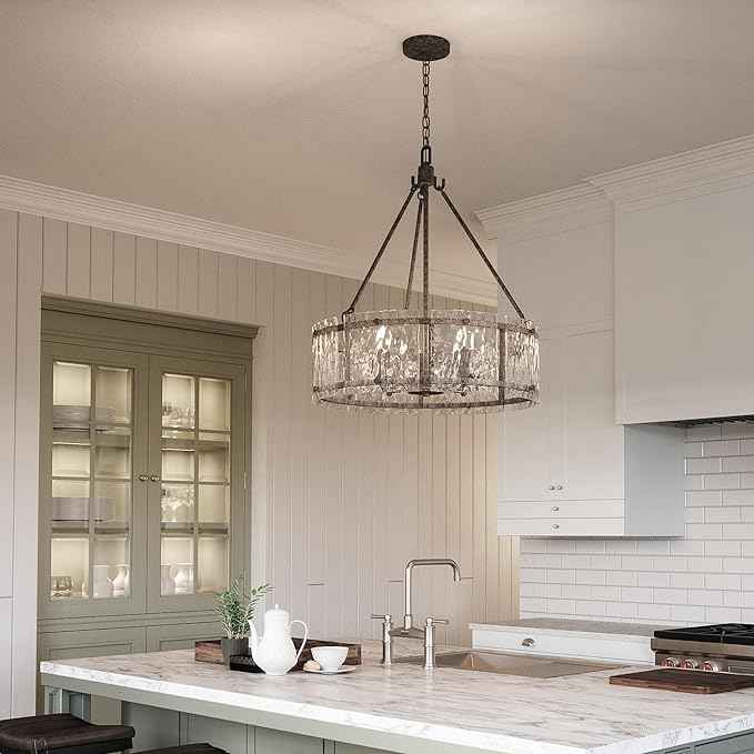 Quoizel Fortress Pendant Lighting, 21 Inch 5-Light Mottled Silver Drum Light, Max Adjustable Height 77", Textured Glass Pendant Light for Kitchen Island, Dining, Hallway or Bedroom