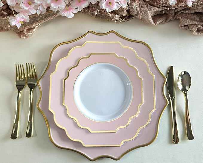 " OCCASIONS " 320 Piece set (40 Guests)-Heavyweight Wedding Party Disposable Plastic Plate Set - 40 x 10.5'' + 40 x 8'' + Silverware + Cups + Napkins (Imperial in Blush Pink & Gold)