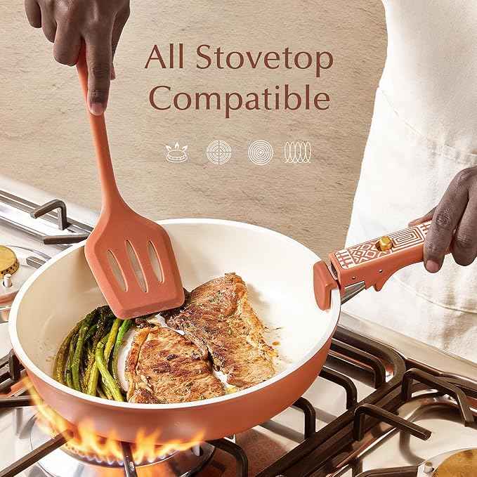 CAROTE 21-Piece Ceramic Cookware Set, Nonstick Pots and Pans Set with Detachable Handle, Non-Toxic Kitchen Cooking Set, Induction Compatible, Dishwasher & Oven Safe, Terracotta