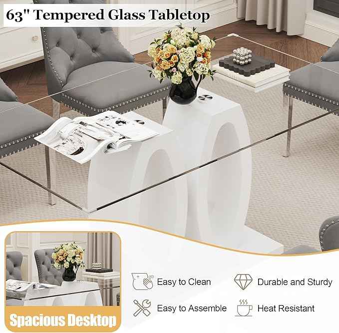 63" Glass Dining Table Set for 6, 7-Piece Rectangular Kitchen Table with Tempered Glass Top, White Double O-Shaped MDF Base, and 6 Grey Velvet Upholstered Chairs for Dining Room, Living Room, Office