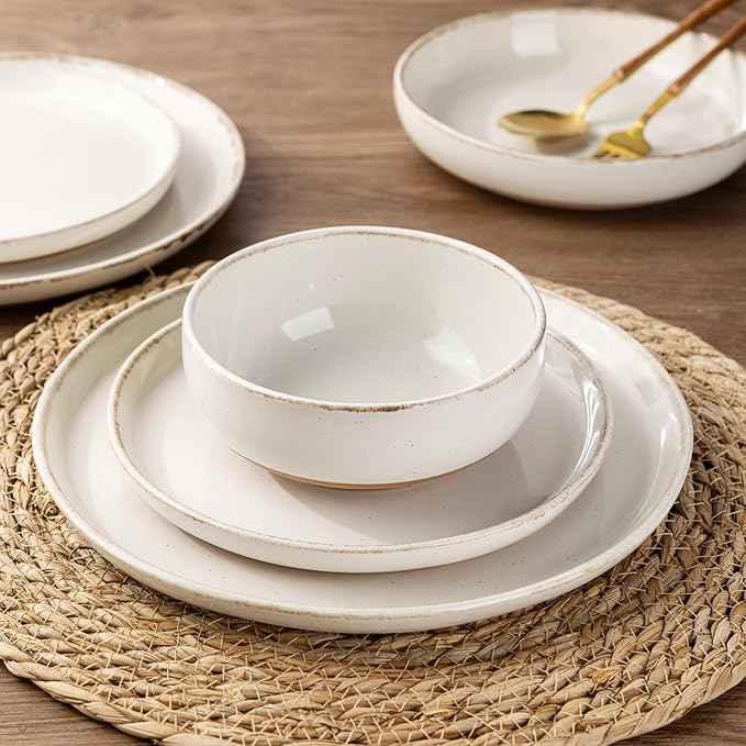 AmorArc 24 Pieces Ceramic Dinnerware Sets for 8, Handpainted Stoneware Plates and Bowls Set with Rustic Terracotta Underside, Scratch Resistant Dishes Set, Dishwasher & Microwave Safe
