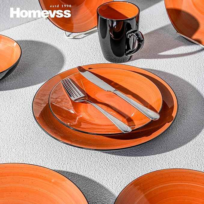 Stoneware Sonoma 56pc Dinnerware Set, Black + Speckled Spin Wash Orange
