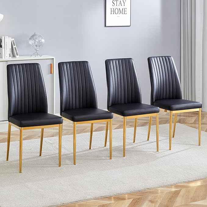 Black Dining Chairs Set of 4 Modern Kitchen Chairs PU Leather Chair with Metal Legs Armless Upholstered Chair for Dinner Room, Office, Waiting Room(Set of 4, Black Golden)