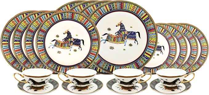 Porcelain Dinnerware Set for 4-20 Piece Luxury Greek Horse Cheval Banquet Dinner Set - Elegant Design - Plates and Cups with Saucers - Dining Set for Everyday Use or Formal Occasions