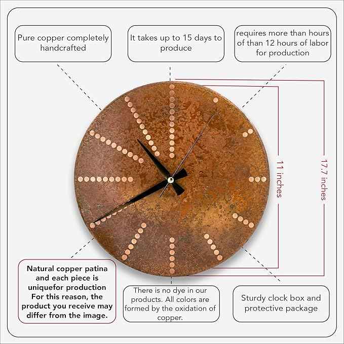 Handmade Pure Copper Wall Clock for Home Decoration, Decor Clock for Living Room, Bedroom and Kitchen, Rustic Decorative Mural Clock Art for Farmhouse (Time Dots, 11)