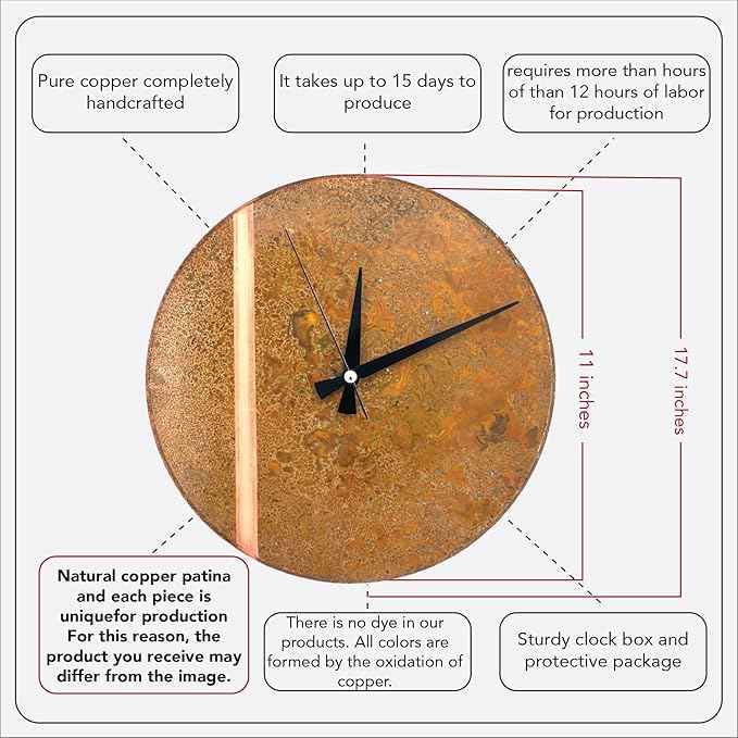 Handmade Copper Wall Clock Artisan Touch in Every Piece - Tree of Time Wall Decor Copper Clock for Living Room, Office, Kitchen & Bedroom (Rusty Line, 11)